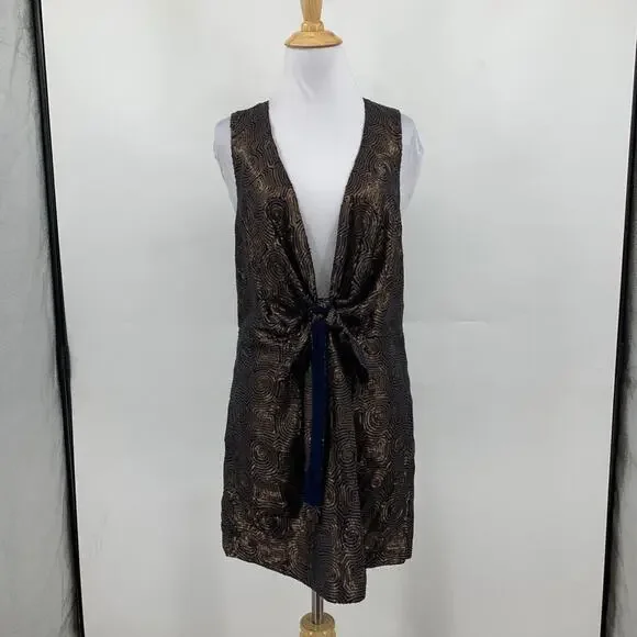 Free People Dress Women 6 Navy Gold Sequins Paris Rock Sleeveless Tie Front Mini - Picture 2 of 12